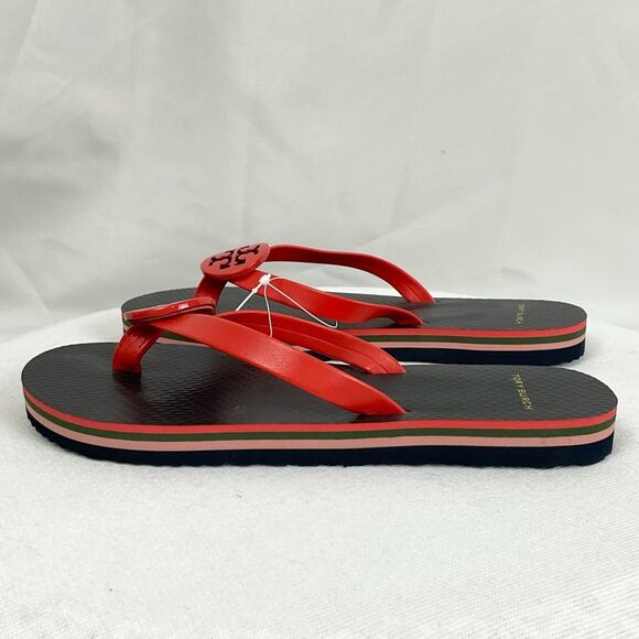 Tory Burch Minnie Flip Flops Sz 5 Logo Red Grenadine Thongs New Flat Sandals - Picture 4 of 8